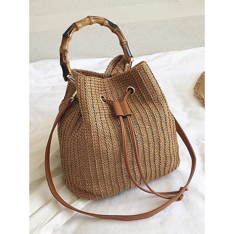 Women's Woven Bamboo Handle Bucket Bag – Chic Boho Straw Handbag with Adjustable Strap for Casual, Travel and Beach Outings