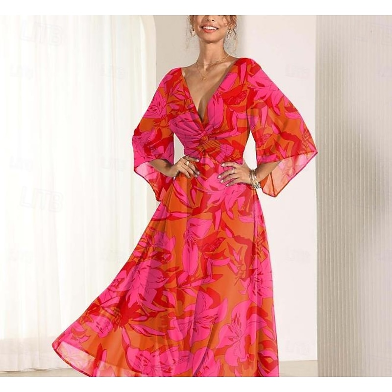 Women's Maxi Dress A Line Dress Elegant Flared Sleeve Wedding Guest Cocktail Party Regular Fit Floral 3/4 Length Sleeve V Neck Red Summer2