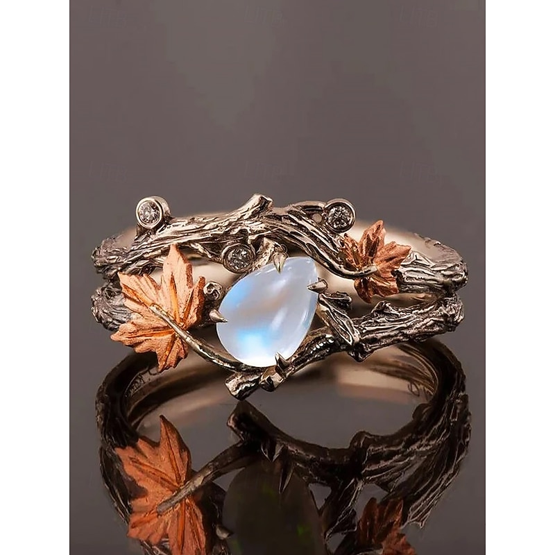 Nature-Inspired Moonstone Maple Leaf Branch Ring – Vintage Boho Engagement Ring for Women, Unique Jewelry for Weddings & Gifts4
