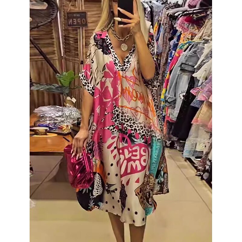 Women's Midi Dress Casual Dress A Line Dress Stylish Casual Vacation Daily Loose Fit Heart Floral Leopard Short Sleeve V Neck Pink Blue Green Summer