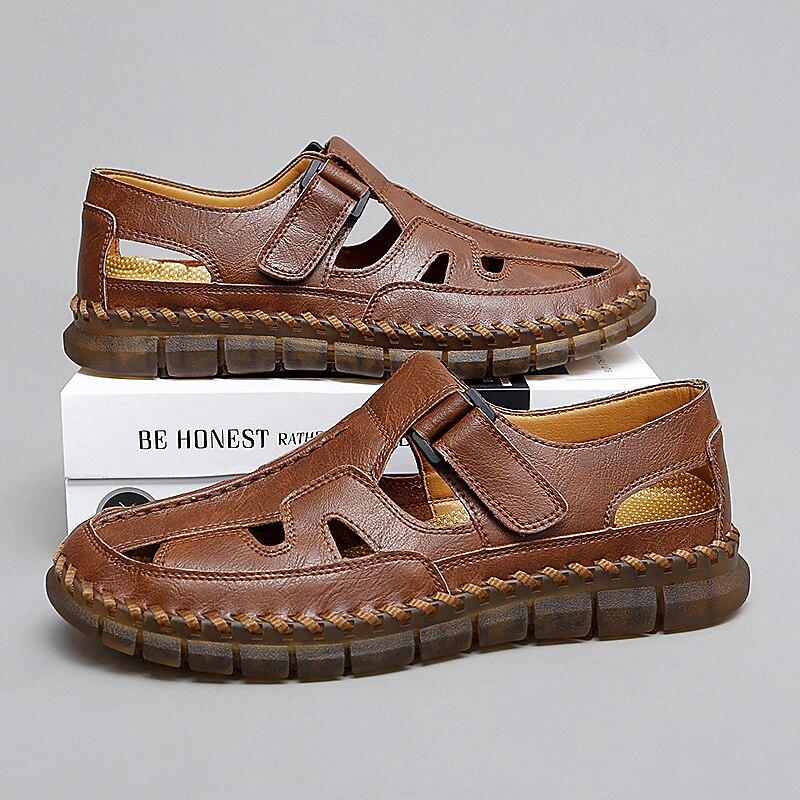 Men's Brown Faux Leather Fisherman Sandals with Velcro Strap, Breathable Design and Comfortable Sole for Summer, Outdoor Activities and Beach Wear3