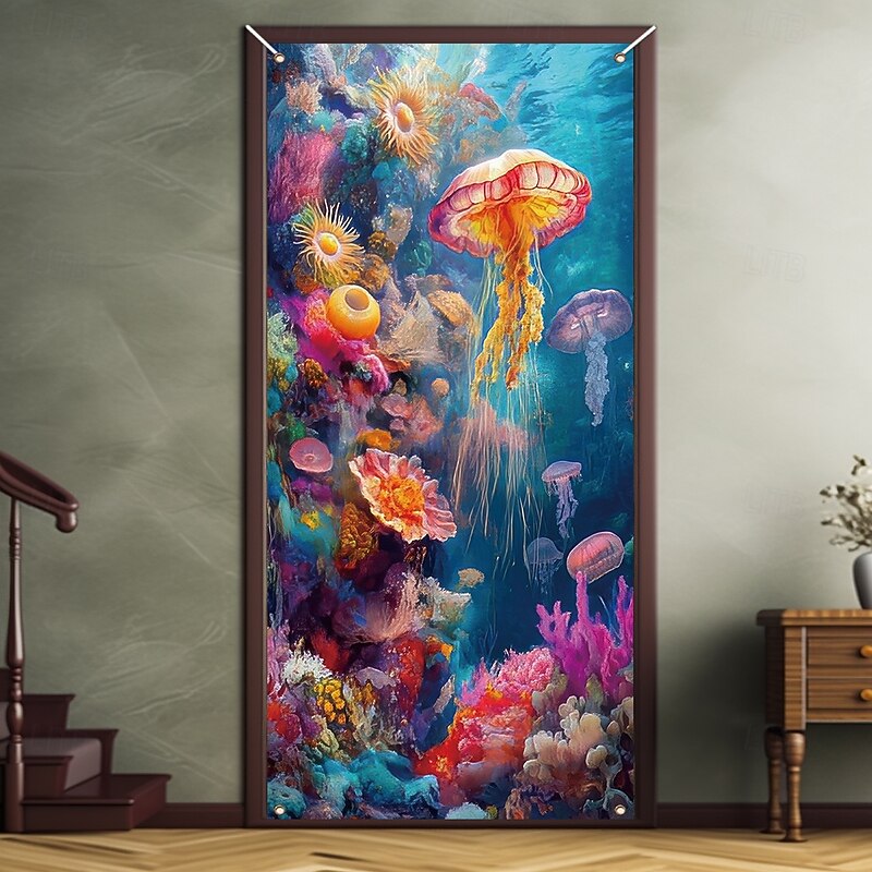 Blacklight Door Decorations Door Covers Glow in the Dark Ocean Jellyfish Door Tapestry Door Curtain Decoration Backdrop Indoor/Outdoor Door Banner for Front Door Farmhouse4