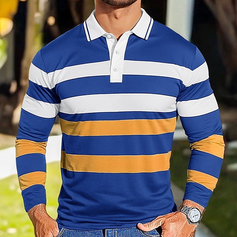 Men's Color Block Stripes Rugby Polo Shirts Long Sleeve Polo Shirts Lapel Classic Fashion 3D Print Modern Casual Sports Stripe Fall Winter Black Blue Purple4