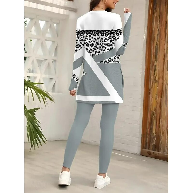 Women's Pajama Set Loungewear Round Neck Long Sleeve Casual Sleepwear Fashion Pants Sets Pants Trousers Color Block Print Daily Dark Grey Regular Fit2