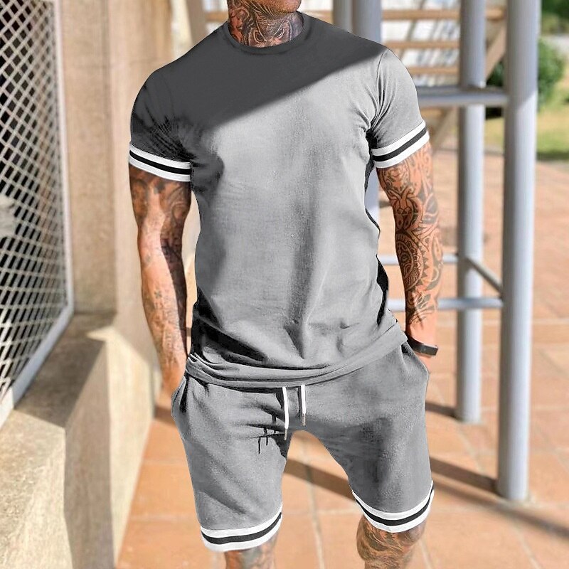 Men's Workout Set Tracksuit T shirt & Shorts Set Outfit Set Crew Neck Outdoor Daily Sports Pocket Drawstring 2 Piece Color Block Black Red Light Grey Polyester Activewear Classic Casual Summer4