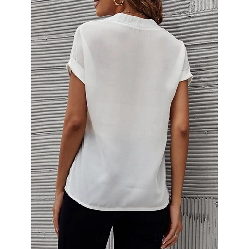 Women's Shirt Blouse Solid Color Stylish Casual Short Sleeve Notched Neck Regular Tops Daily Black White Blue Fuchsia Summer Spring2