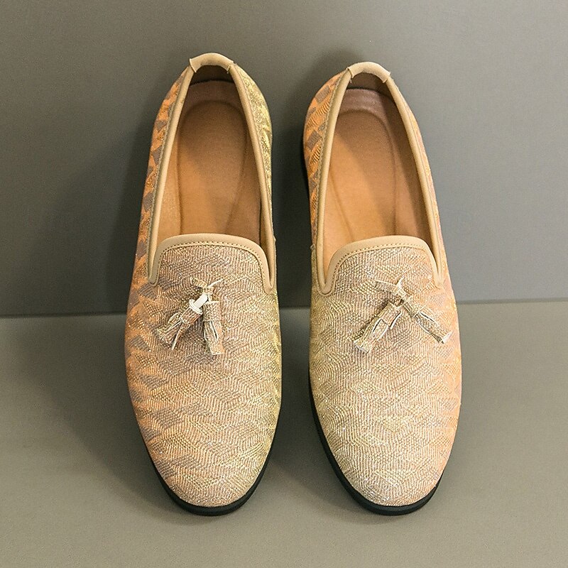 Men's Beige Herringbone Pattern Slip-On Loafers with Tassel Detail – Casual Elegance for Work, Weddings and Formal Occasions2