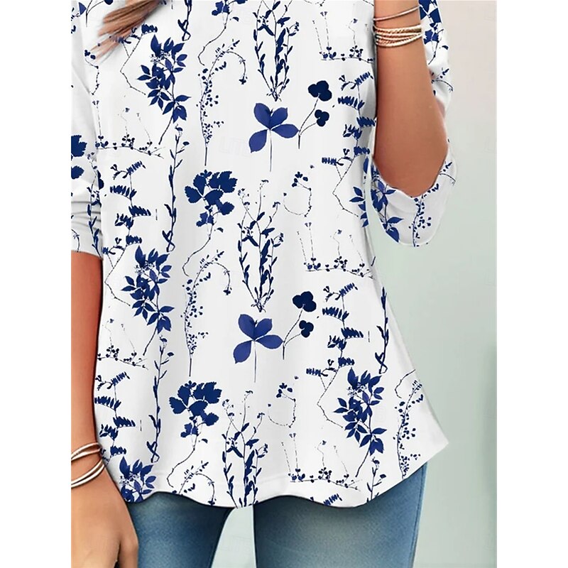 Women's T shirt Long Sleeve Crew Neck Long Sleeve Tunic Floral Casual Regular Tops Daily Print Blue Spring Fall Prefall2