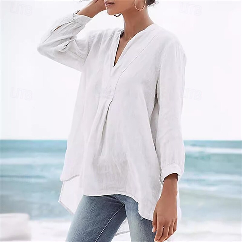 Women's Shirt Linen-Inspired Shirts Plain Daily Stylish Basic 3/4 Length Sleeve V Neck Regular Tops Work Daily Holiday Black White Beige Spring Fall4