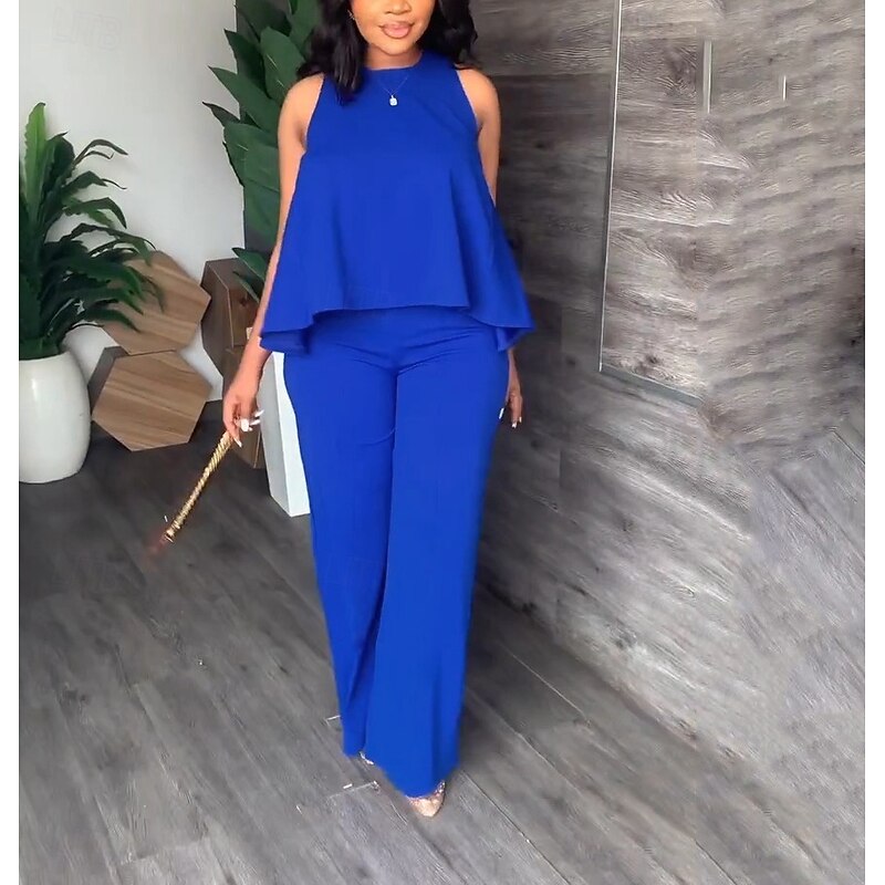 Women's Fashion Camis Pants Trousers Sleeveless Round Neck Solid Color Casual Black Blue Orange Spring & Summer Loose Fit