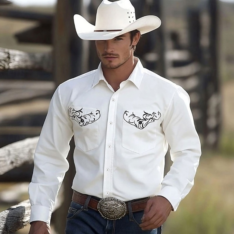 Men's Floral Print Western Shirt Button Up Shirt Cowboy Shirt Long Sleeve Western Vintage Retro Outdoor Casual Summer Spring Fall Turndown Collared Shirts Front Two Pockets White