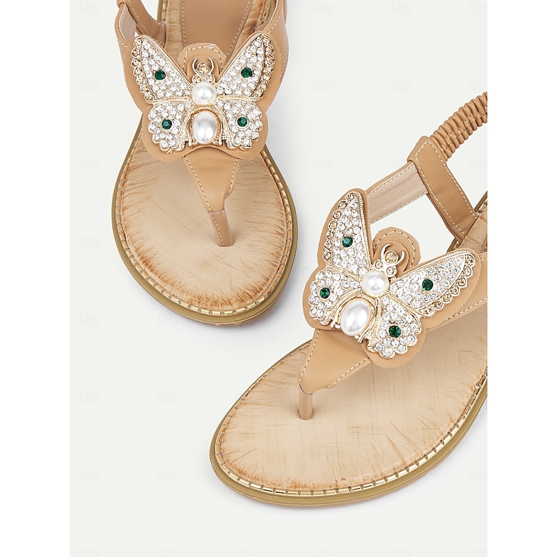 Women's Butterfly Rhinestone Flat Sandals – Elegant Beach Flip-Flops with Pearl Embellishment for Summer & Vacation3