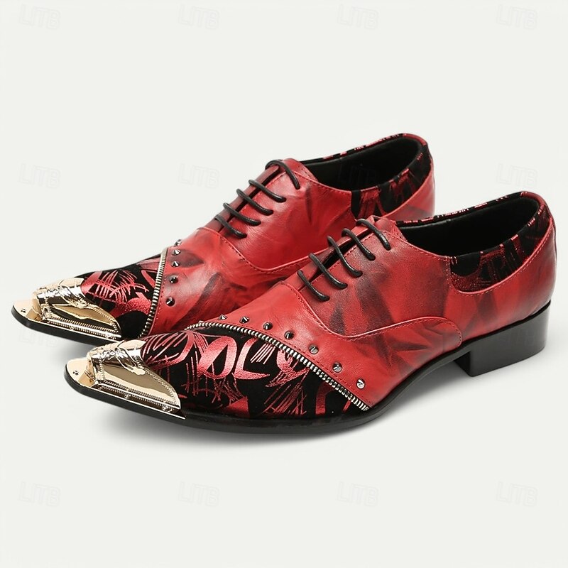 Men's Premium Red Leather Dress Shoes with Gold Tip Artistic Print and Studded Detail–Stylish Formal Footwear for Special Occasions2