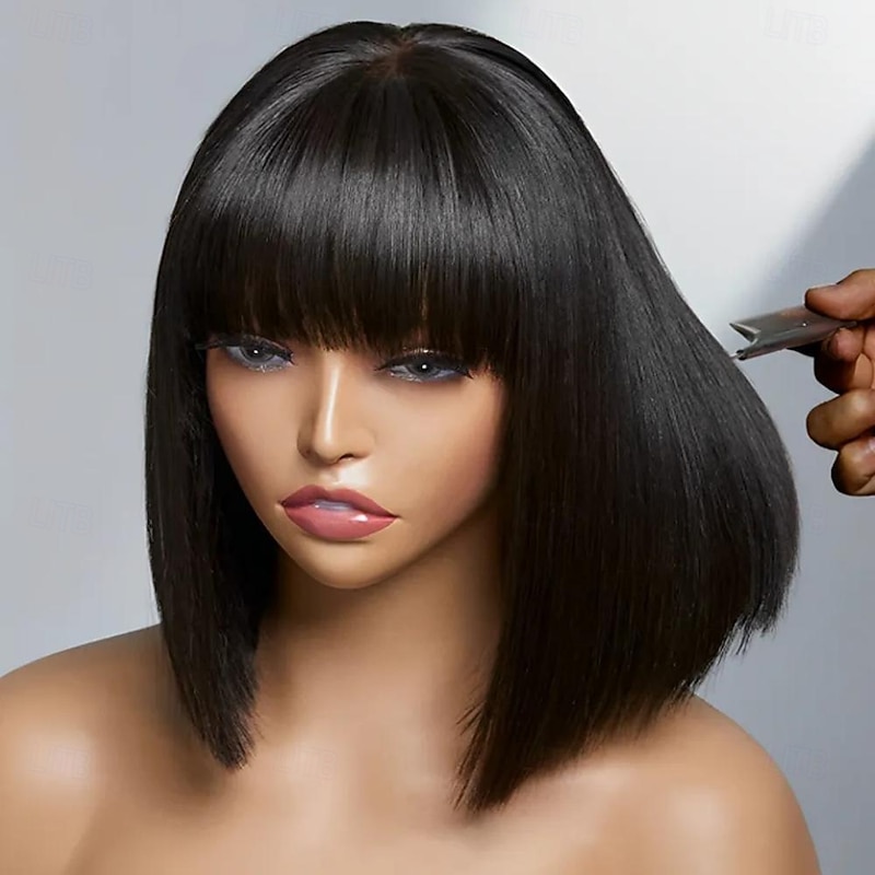 10 Inch Short Bob Wigs for Black Women Human Hair Glueless Bob Wigs with Bangs 130% Density Straight Black Wig None Lace Front Hair Wigs2