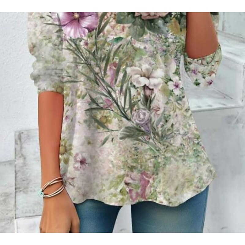 Women's T shirt Long Sleeve Crew Neck Long Sleeve Tunic Floral Elegant Vintage Casual Regular Tops Daily Print Sage Green Spring Fall Prefall2