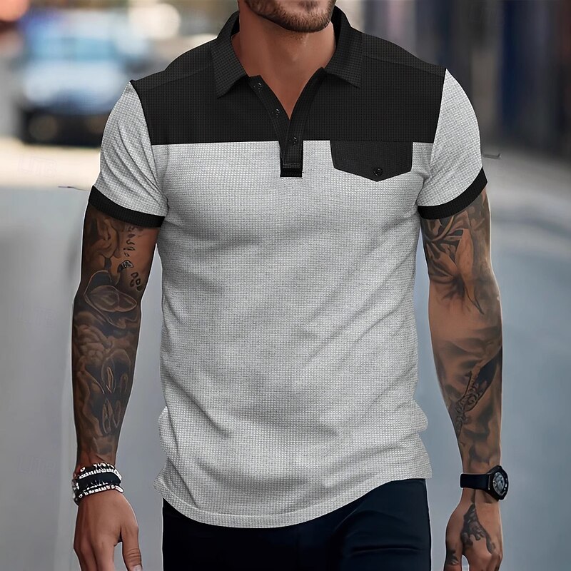 Men's Golf Shirt Waffle Knit Polo Shirt Business Casual Classic Short Sleeve Fashion Modern Color Block Buttons Pocket Summer Spring Regular Fit Burgundy Green Khaki Gray Golf Shirt2