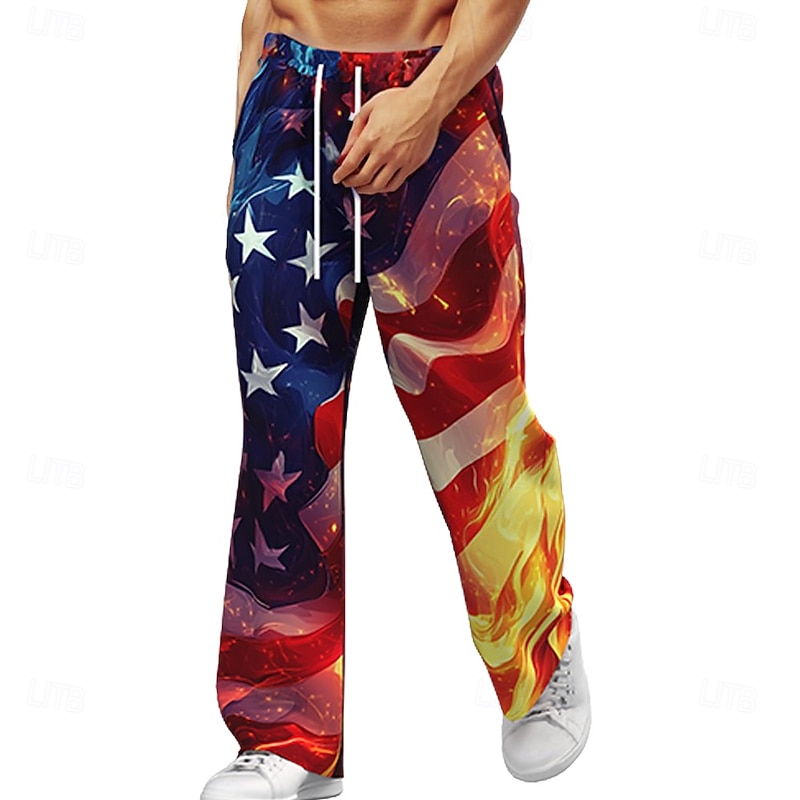 Men's American Flag Patriotic Trousers Baggy Pants Casual Pants Mid Waist Hawaiian Retro Vintage Outdoor Holiday Beach Wide Leg Elastic Drawstring Waist Summer Spring 3D Print Red2