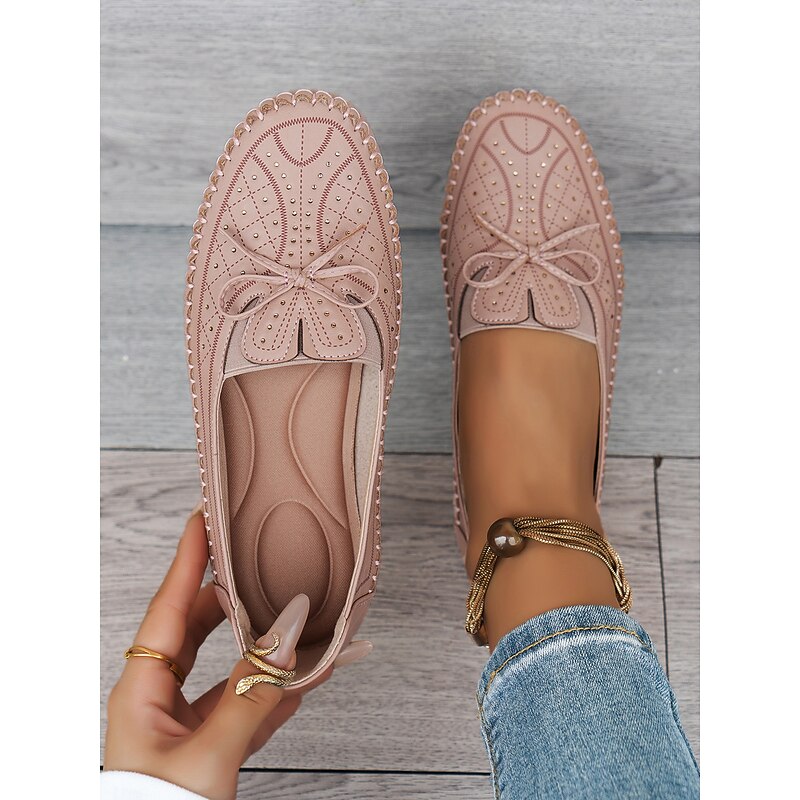 Moccasin Loafers for Women – Soft Shoes with Bow Detail and Rhinestone Design, Ideal for Casual Comfort and Spring/Summer Walks2