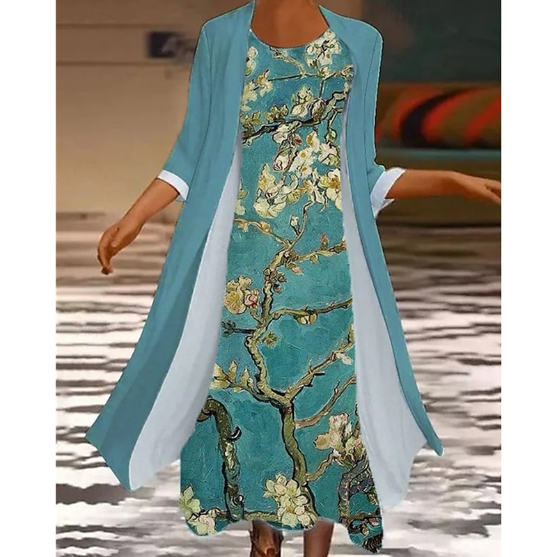 Women's Fashion Streetwear Skirt Sets 3/4 Length Sleeve Bell Sleeve Crew Neck Floral Print Daily Wear Date Blue Purple Light Blue Spring Regular Fit3