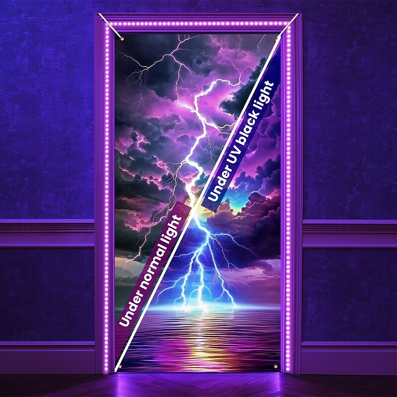 Blacklight Door Decorations Door Covers Glow in the Dark Landscape Lightning Door Tapestry Door Curtain Decoration Backdrop Indoor/Outdoor Door Banner for Front Door Farmhouse3