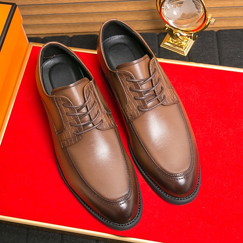 Men's Brown Faux Leather Lace-Up Dress Shoes with Woven Detail, Classic Formal Style, Comfortable for Weddings and Business Events3