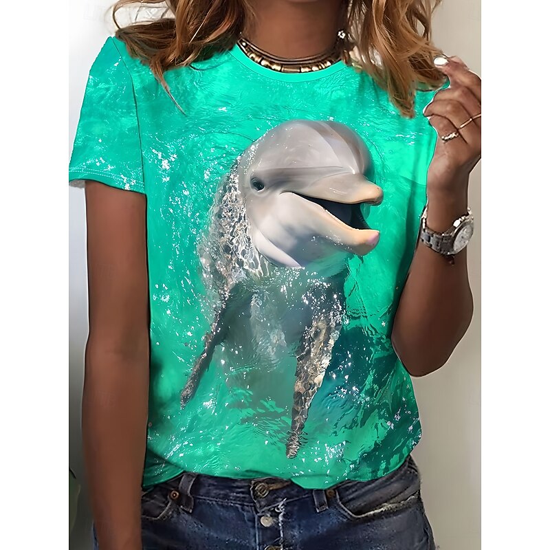 Women's T Shirt Ocean Casual Short Sleeve Round Neck Regular Tops Daily Print Green Summer