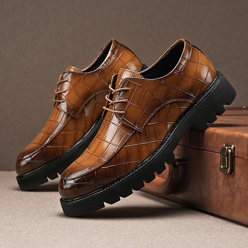 Men's Brown Derby Shoes - Faux Leather with Crocodile Texture Embossing, Stylish and Versatile Footwear for Men, Ideal for Casual, Office and Everyday Wear2