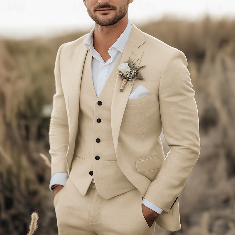 Men's Beach Wedding Linen Suits White Sky Blue Fashion Formal Solid Colored Tailored Fit 3 Piece Single Breasted Two-buttons