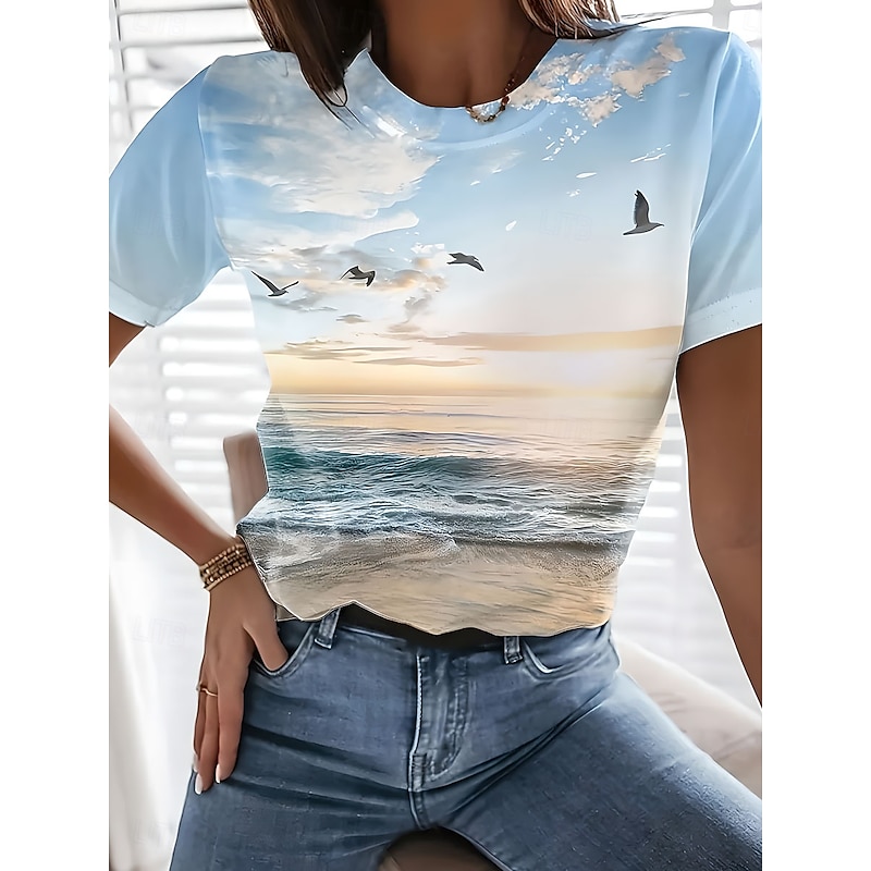 Women's T Shirt Ocean Casual Short Sleeve Round Neck Regular Tops Daily Print Blue Summer