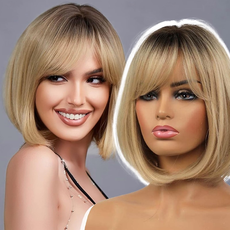 Bob Wig with Bangs Short Bob Wigs for Women Short Blonde Wig with Dark Roots Heat Resistant Synthetic Wig Natural Looking for Daily Use Party and Cosplay