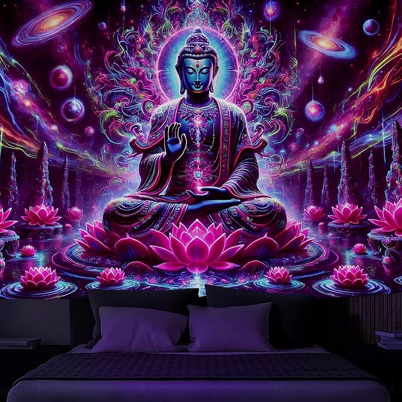 Blacklight Tapestry Glow in the Dark Glow Party UV Reactive Trippy Misty Mandala Boheian Buddha Nature Landscape Hanging Tapestry Wall Art Mural for Living Room Bedroom