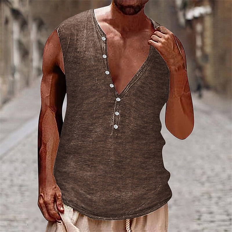 Men's Tank Top Vest Top Undershirt Sleeveless Shirt Sleeveless Henley Summer Plain Vintage Fashion Designer Buttons Vacation Street Going out Black White Brown Top Tee for Men4