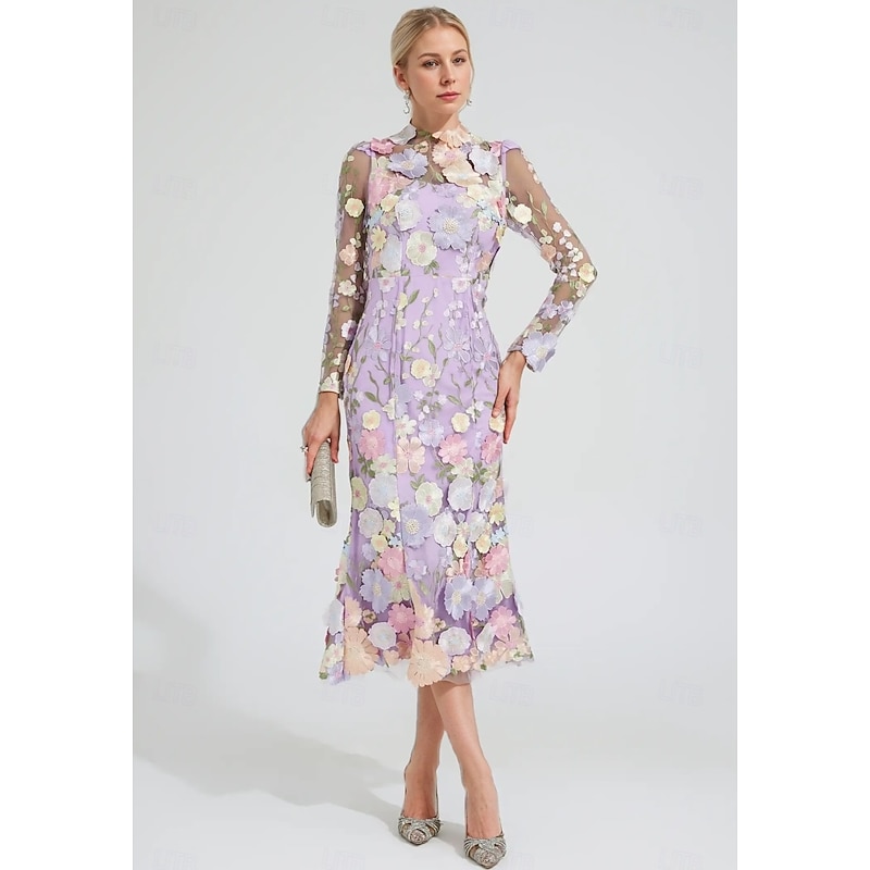 Floral Embroidered A-Line Dress Mother of the Bride Dress Wedding  Elegant Vintage Illusion Neck Ankle Length Tulle Long Sleeve with Appliques Flower