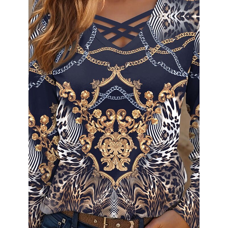 Women's T Shirt Graphic Leopard Paisley Casual Long Sleeve V Neck Regular Tops Daily Cut Out Print Navy Blue Spring Fall3