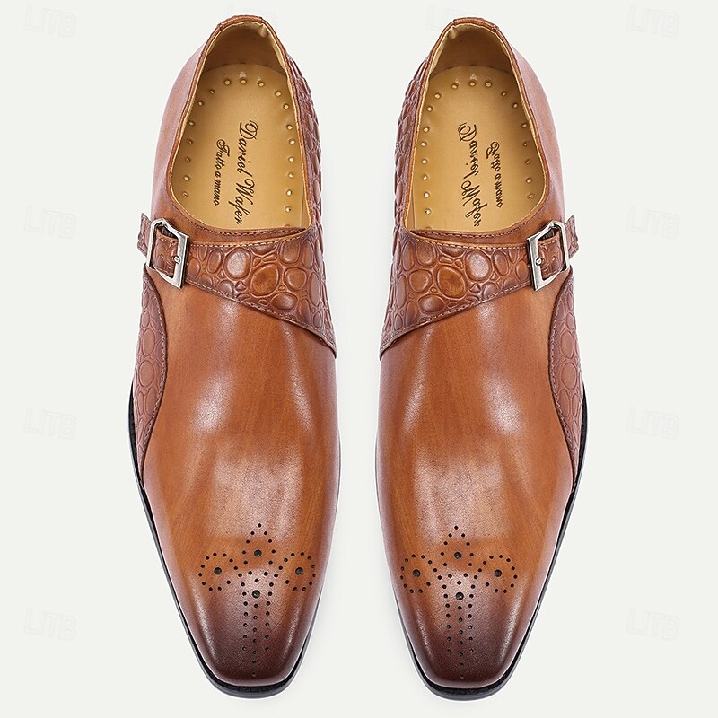 Men's Premium Brown Leather Monk Strap Shoes with Textured Detailing, Formal Style for Weddings, Business Events and Special Occasions4