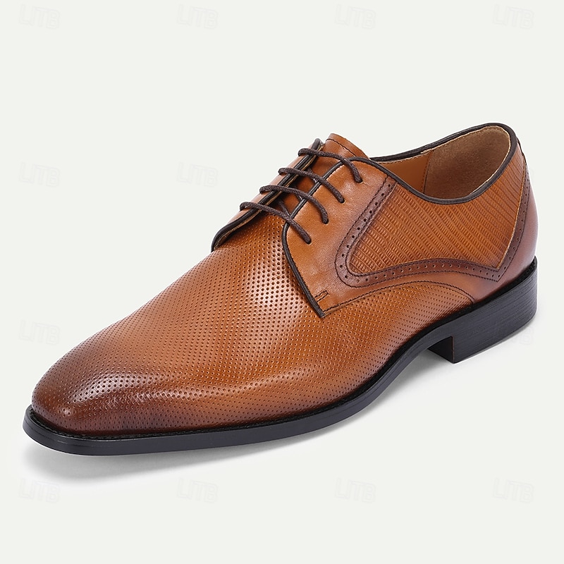 Men's Brown Perforated Leather Oxford Shoes with Lace-Up Design – Premium Cowhide for Formal and Business Occasions2