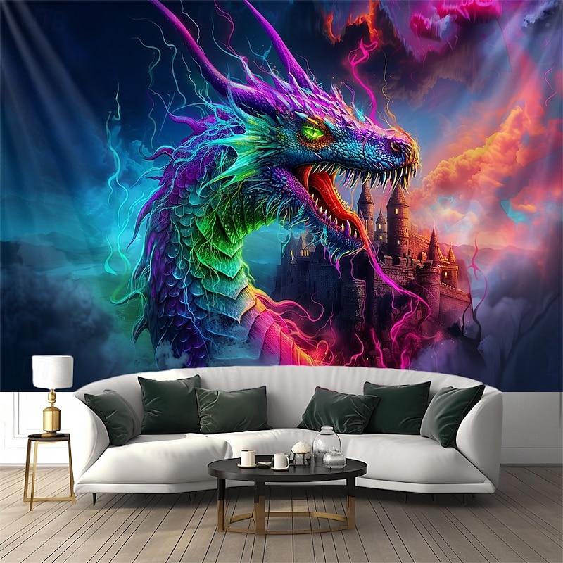 Blacklight Tapestry Glow in the Dark Glow Party UV Reactive Dragon Castle Trippy Misty Nature Landscape Hanging Tapestry Wall Art Mural for Living Room Bedroom4