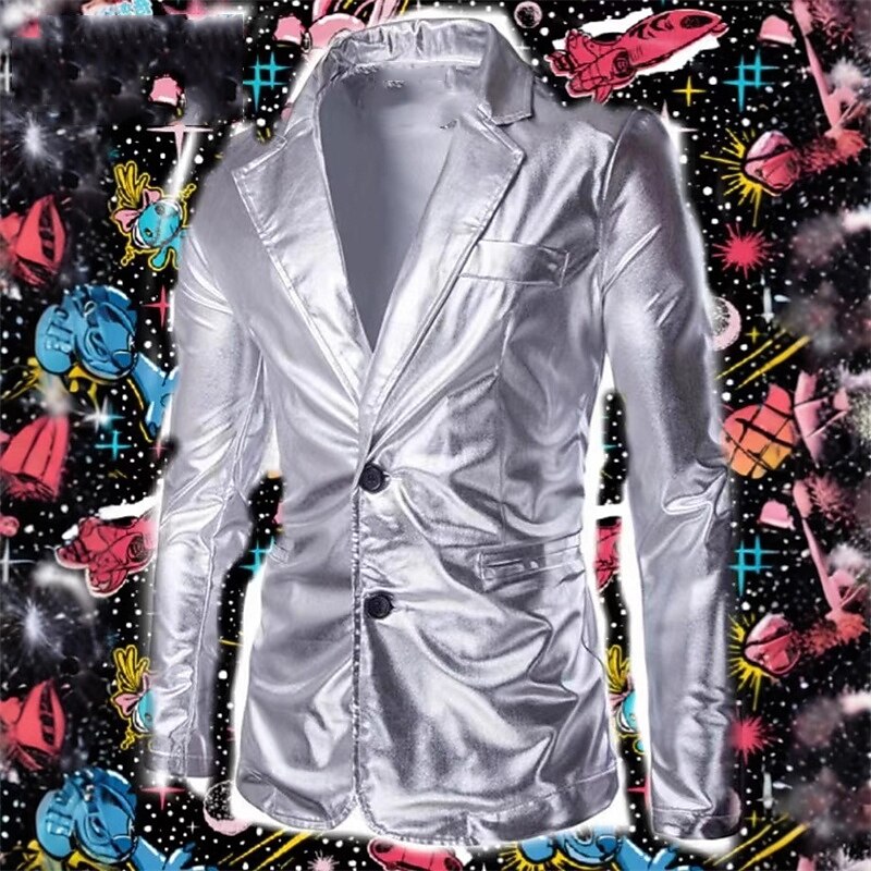 Men's Blazer Business Cocktail Party Wedding Party Vintage Fashion Spring Autumn / Fall Polyester Plain Pocket Buttons Comfortable Single Breasted Blazer Silver Gold3