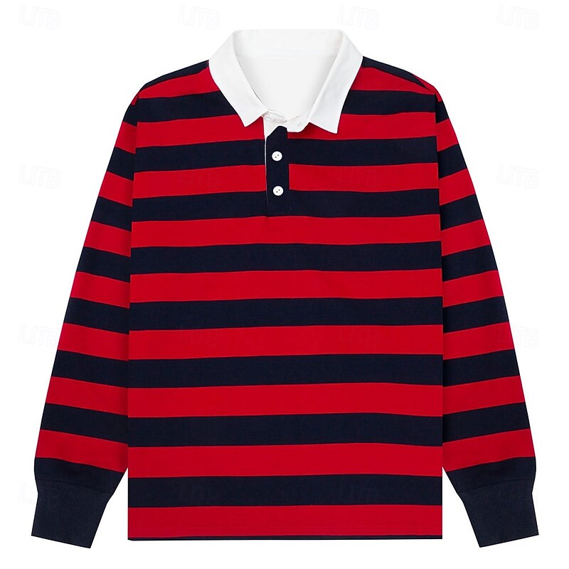 Men's Stripes Rugby Polo Long Sleeve Polo Shirts Collared Shirts Casual School Outdoor Athleisure 3D Print Spring Fall Winter Red