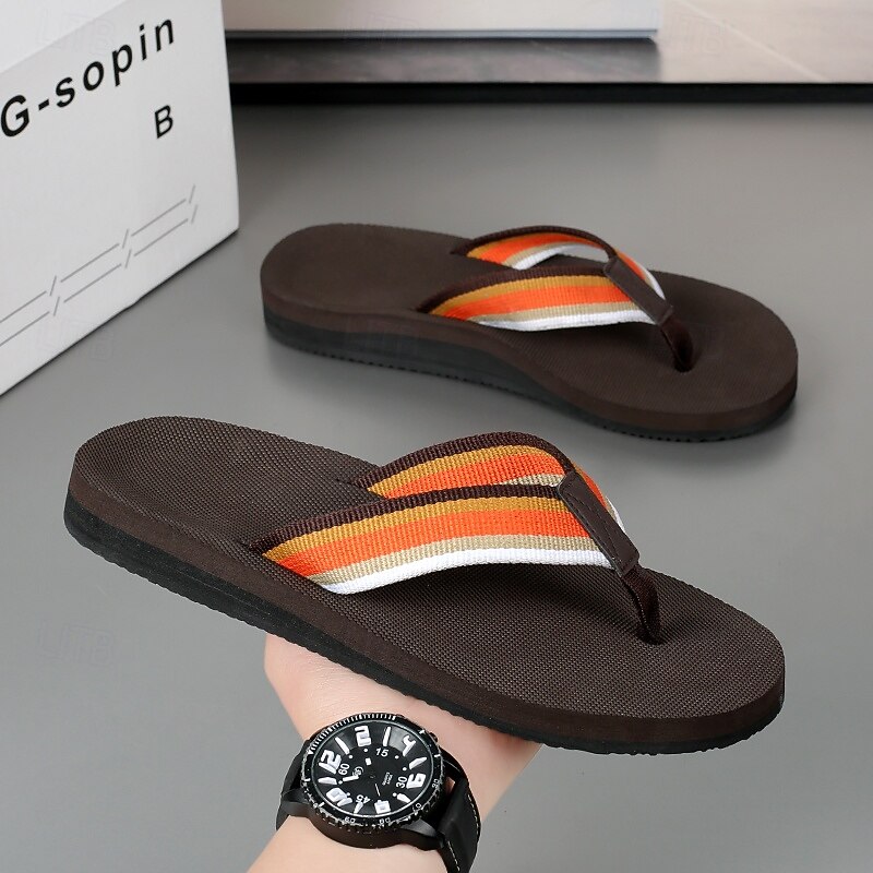 Men's Brown Flip Flops with Multi-Color Striped Strap, Casual Style for Beach and Summer Wear3
