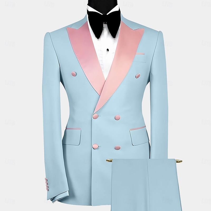 Men's Wedding Party Party Suits Sky Blue Purple Luxury Formal Solid Colored Standard Fit 2 Piece Double Breasted Six-buttons