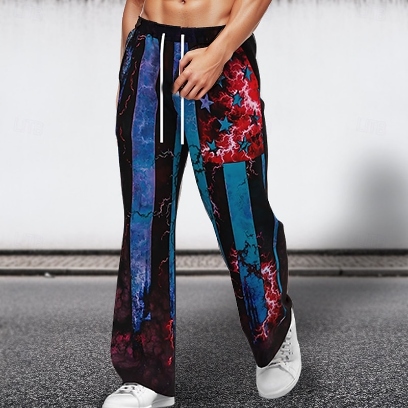 Men's American Flag Patriotic Trousers Baggy Pants Casual Pants Mid Waist Retro Vintage Outdoor Holiday Beach Wide Leg Elastic Drawstring Waist Summer Spring 3D Print Black