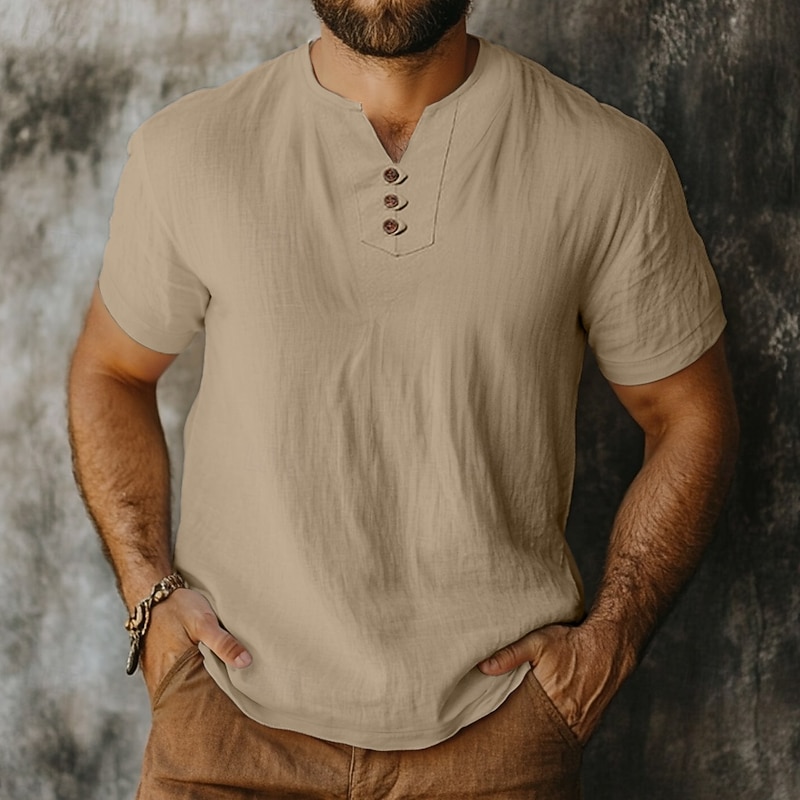 Men's Henley Shirt Cotton Linen T Shirt Tee Top Short Sleeve V Neck Summer Solid Color Fashion Designer Comfortable Buttons Outdoor Casual Daily Black White Navy Blue Top Tee for Men4