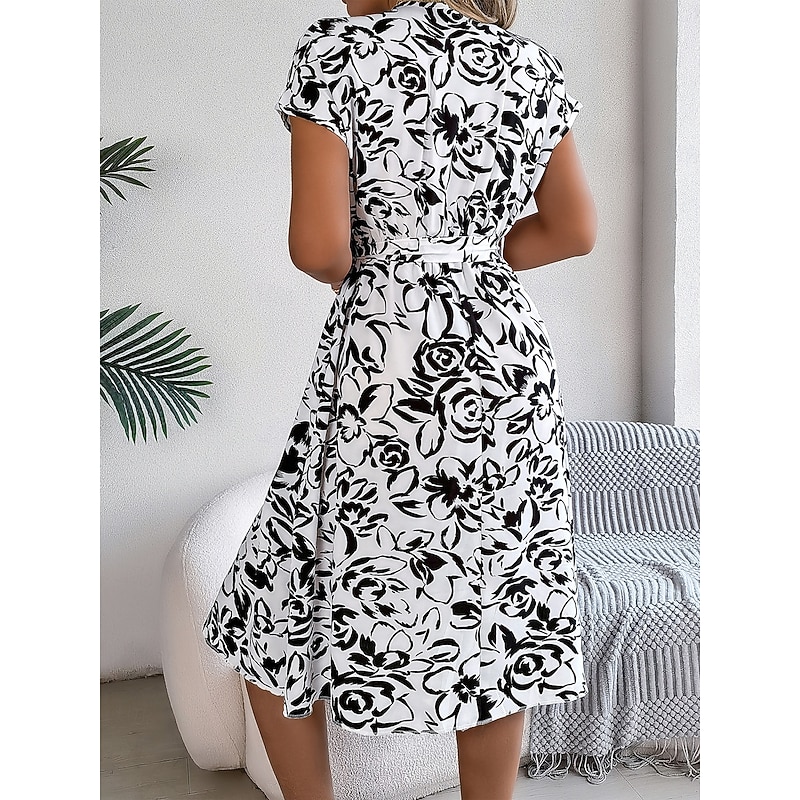 Valentine's Day Women's Normal Midi Dress Swing Dress Boho Dress Bohemia Stylish Classic Cap Sleeve Vacation Party Date Loose Fit Graphic Short Sleeve V Neck White Blue Dark Blue Summer2