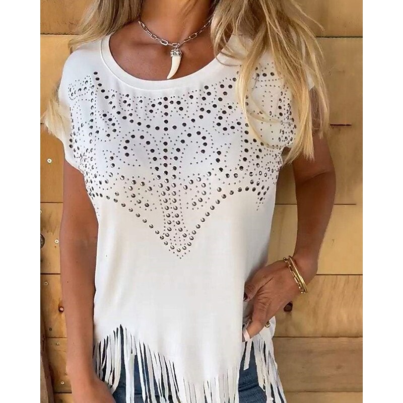 Women's Blouse Plain Daily Stylish Basic Short Sleeve Crew Neck Regular Tops Work Daily Holiday Rivet Fringe Black White Yellow Spring Fall