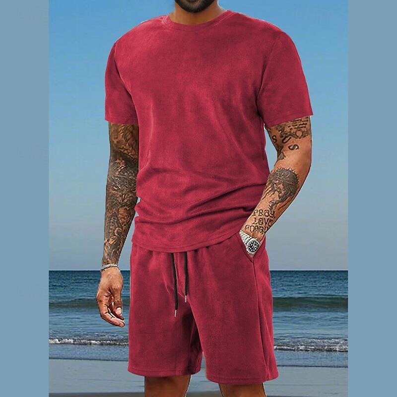 Men's T-shirt Suits 2 Pieces Outfits Tee & Shorts Short Sleeve Crewneck Summer Solid / Plain Color Fashion Casual 2 Piece Vacation Daily Wear Going out Dark Blue Wine Royal Blue Top Tee for Men4