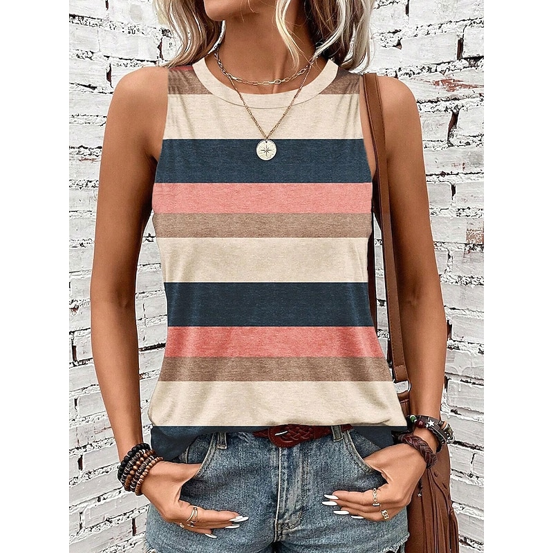 Women's Camisole Tank Top Striped Stylish Casual Sleeveless Crew Neck Regular Tops Daily Print Khaki Summer3