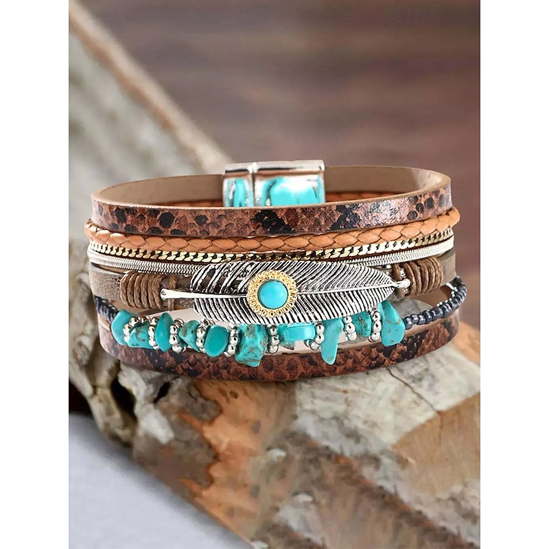 Boho Leather and Turquoise Magnetic Bracelet Wristband - Adjustable multi-layered design with feathers and gemstones, perfect for casual, summer and festival styles