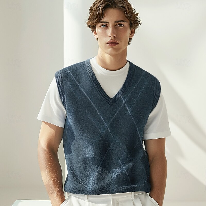 Men's 100% Wool Sweater Vest Knit V Neck Stripe Reactive Print V Neck Knitwear Elegant School Performance Clothing Apparel Spring Fall Black Royal Blue S M L