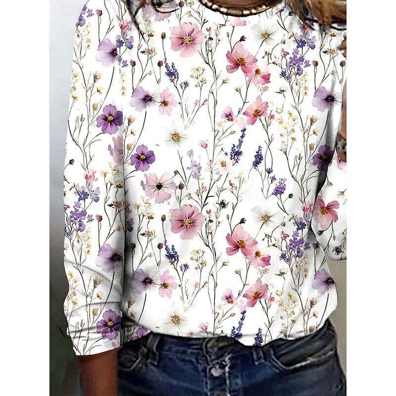Women's T shirt Crew Neck Long Sleeve Tunic Floral Elegant Vintage  Regular Tops Daily Going out Weekend Print White3